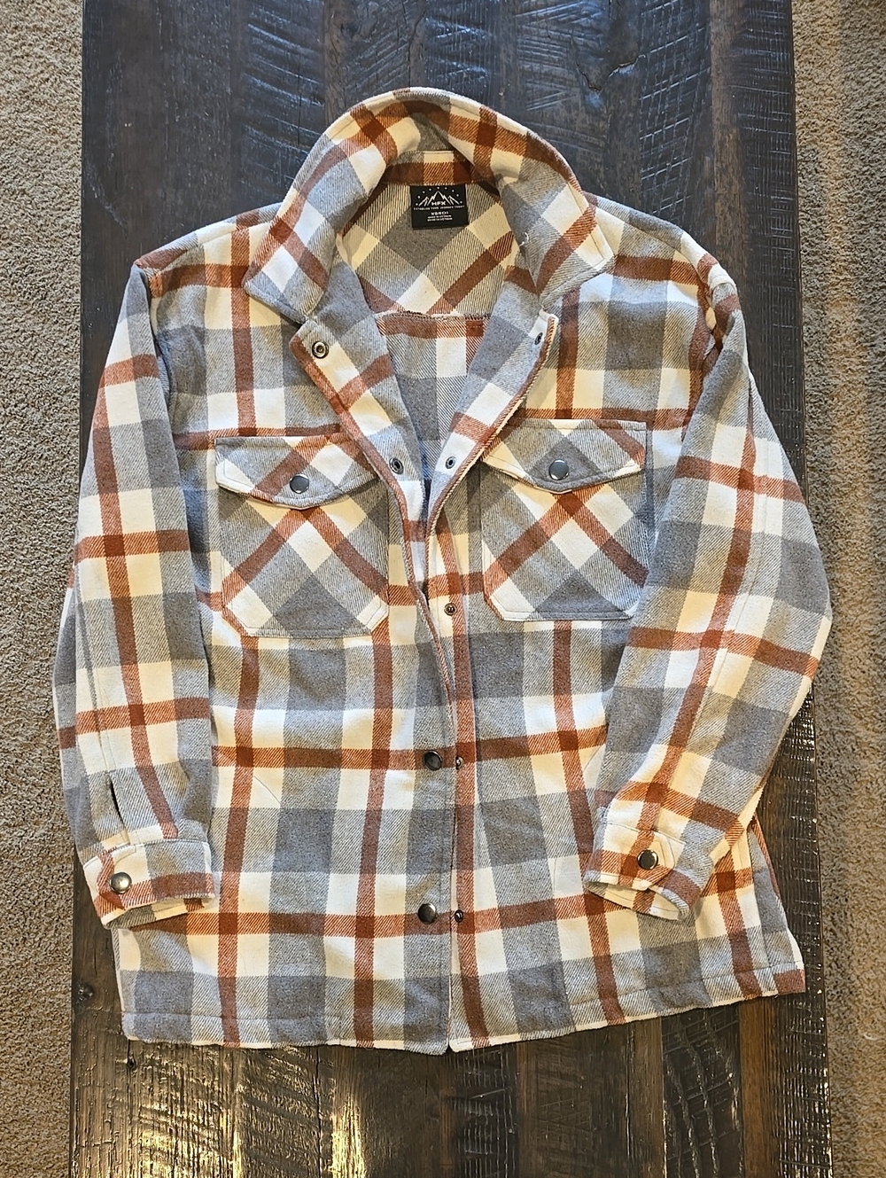 Plaid Button-Down Shirt Jacket in Gray, Cream & Brown